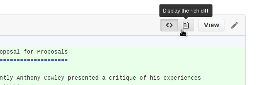 Use the view selector buttons on the top right corner of the "Files Changed" tab to change between "source diff" and "rich diff" views.