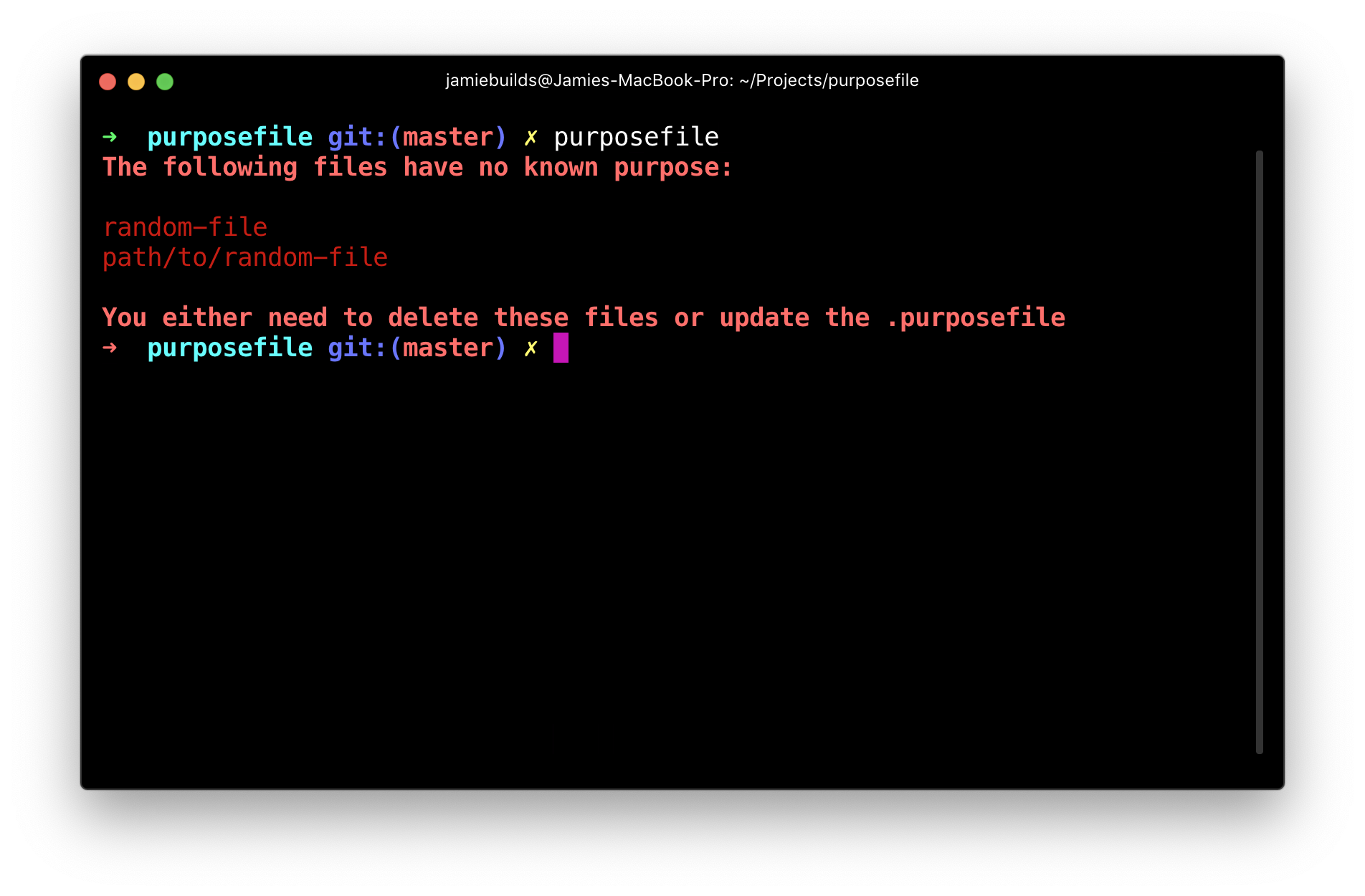 Example output of purposefile when there are unknown files