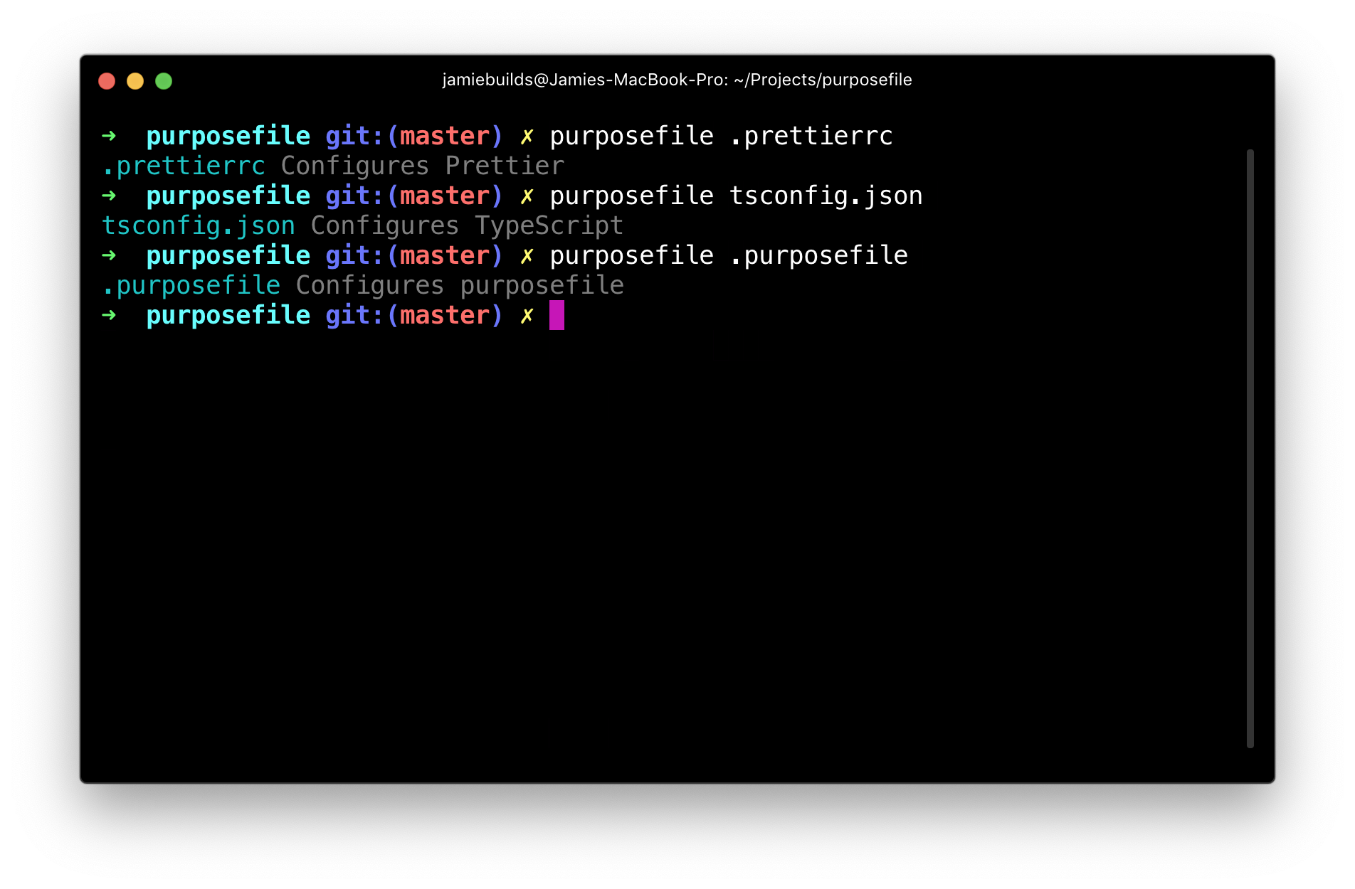 Example output of purposefile for a single file lookup