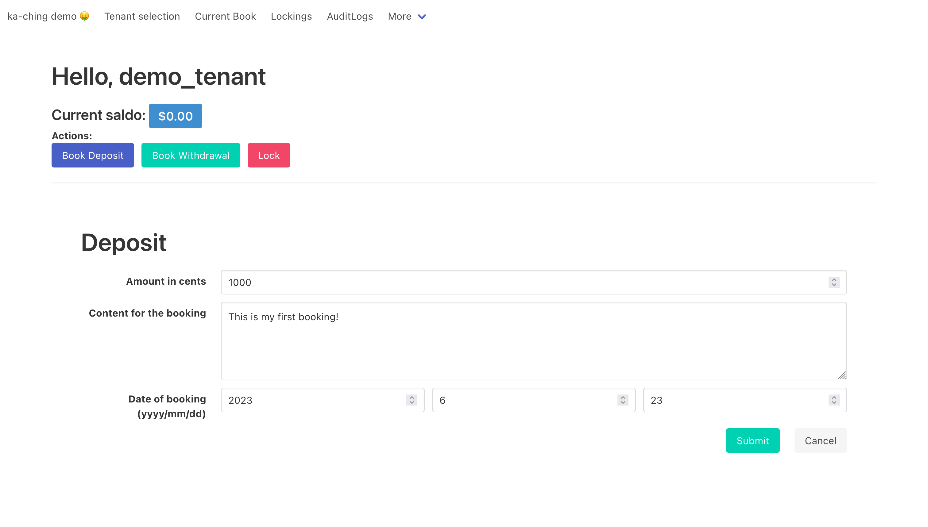 Screenshot of the demo application - action page with deposit selected