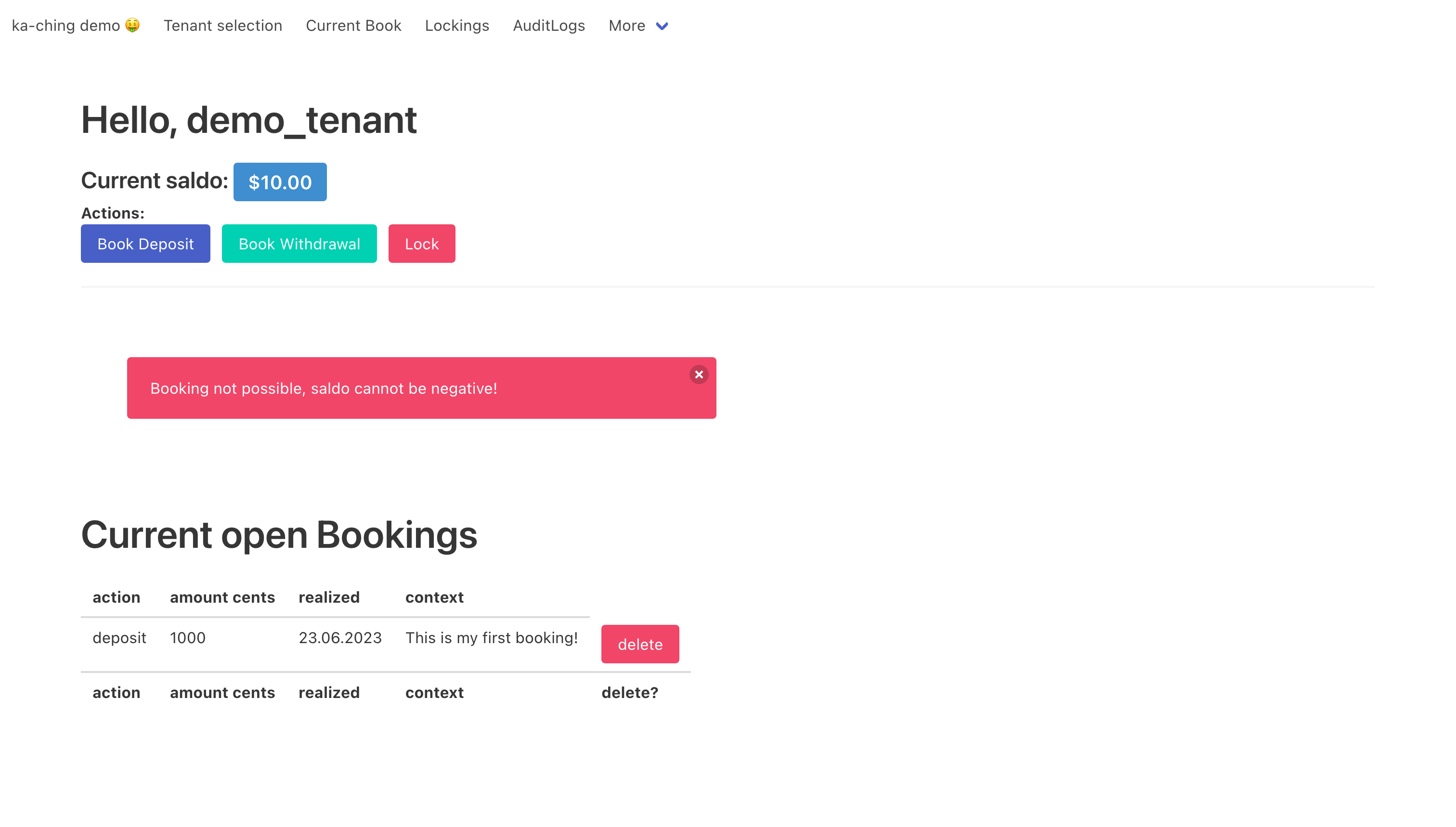 Screenshot of the demo application - action page with deposit selected