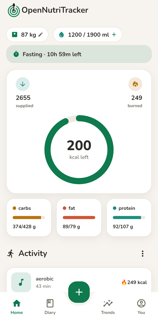 Home screen showing calories left on a progress ring, carbs, fat and protein against their targets, and the day's logged activity