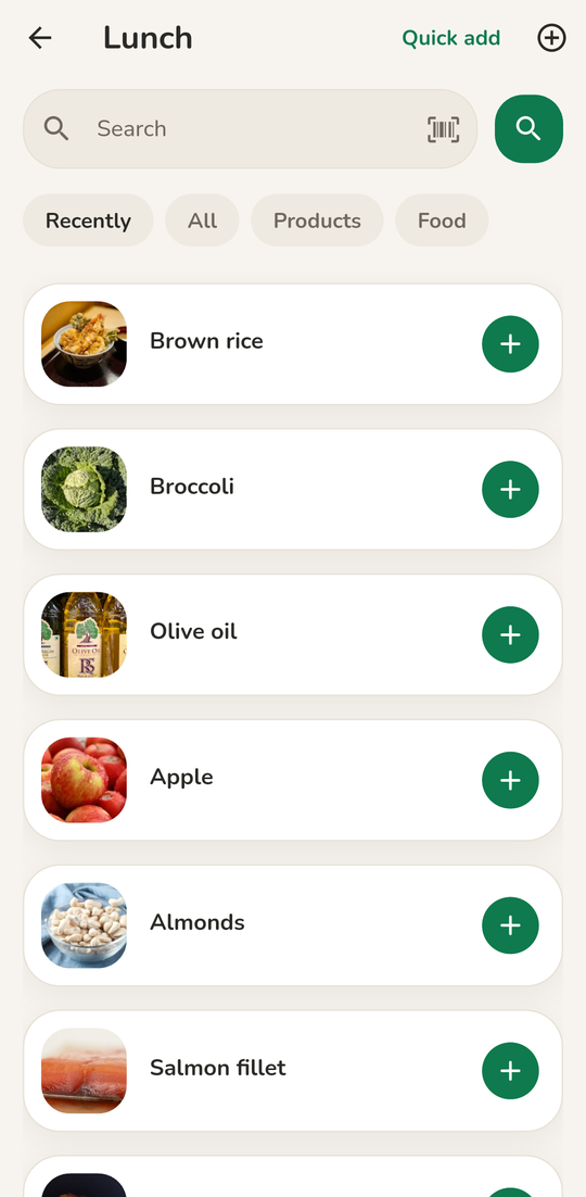 Adding food to lunch, with recently logged items ready to re-add in one tap and a barcode scanner in the search field