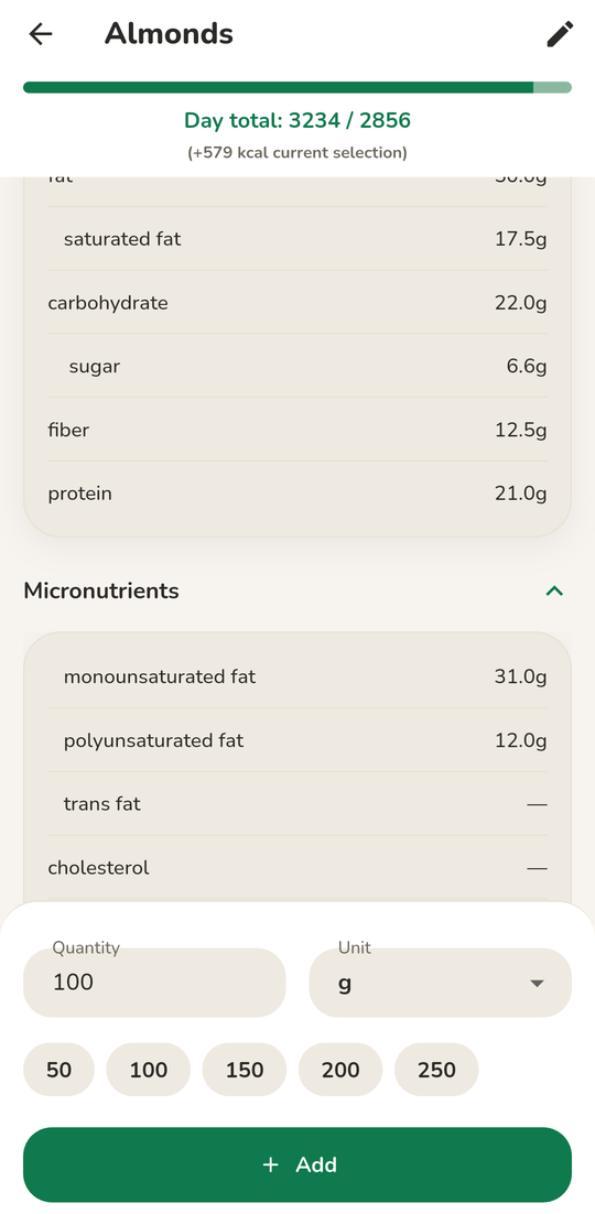 Food detail showing the full nutrition table with saturated fat, sugar and fibre, plus an expanded micronutrient panel