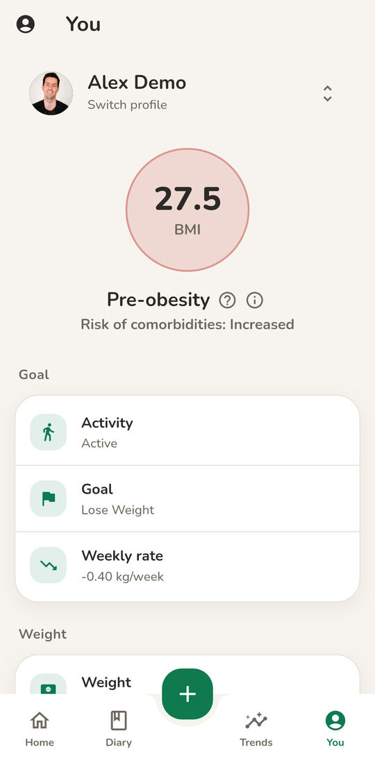 Profile screen showing BMI, activity level, weight goal and weekly rate