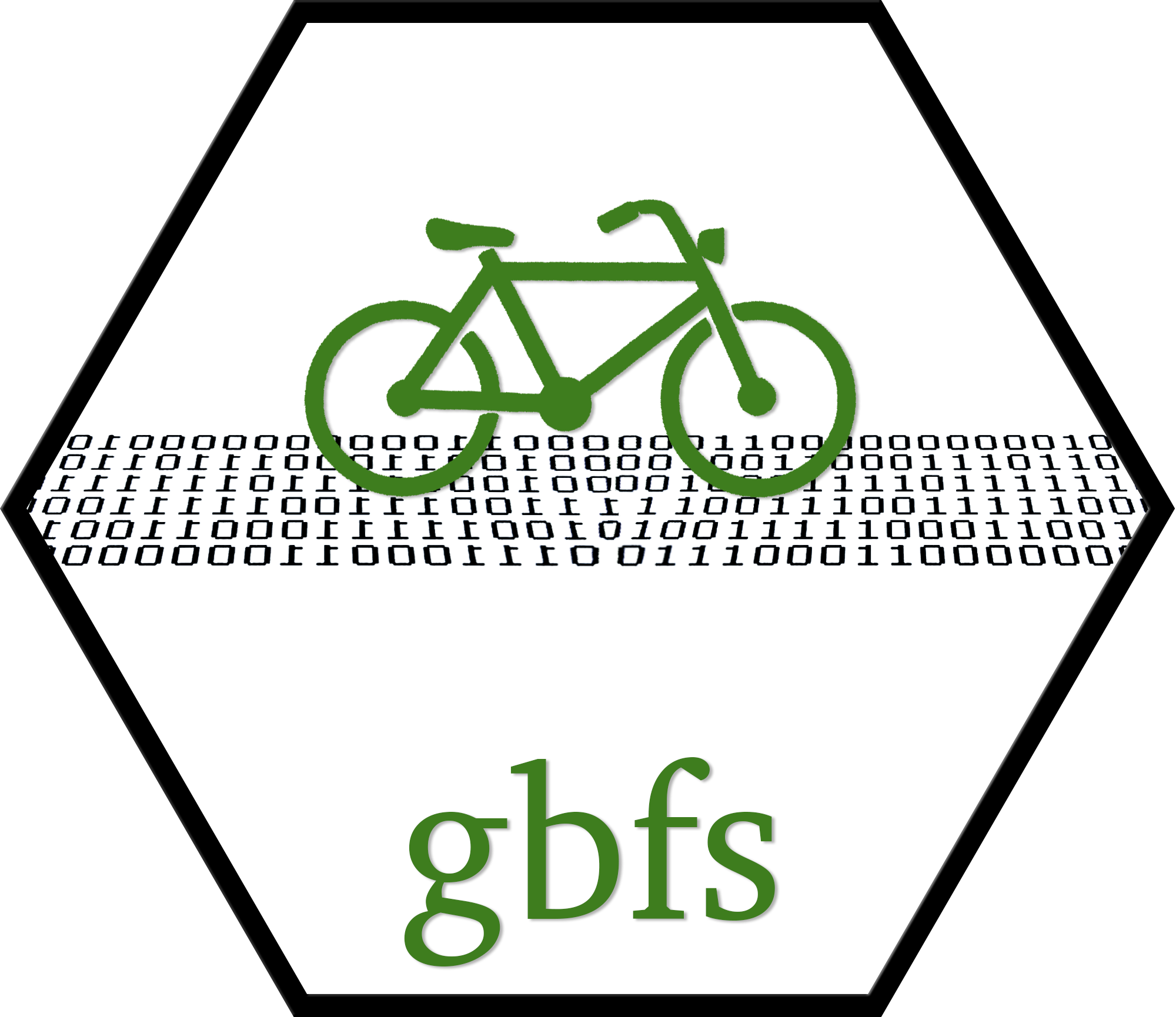 A hexagonal logo with a black border and white background showing a green bicycle icon.