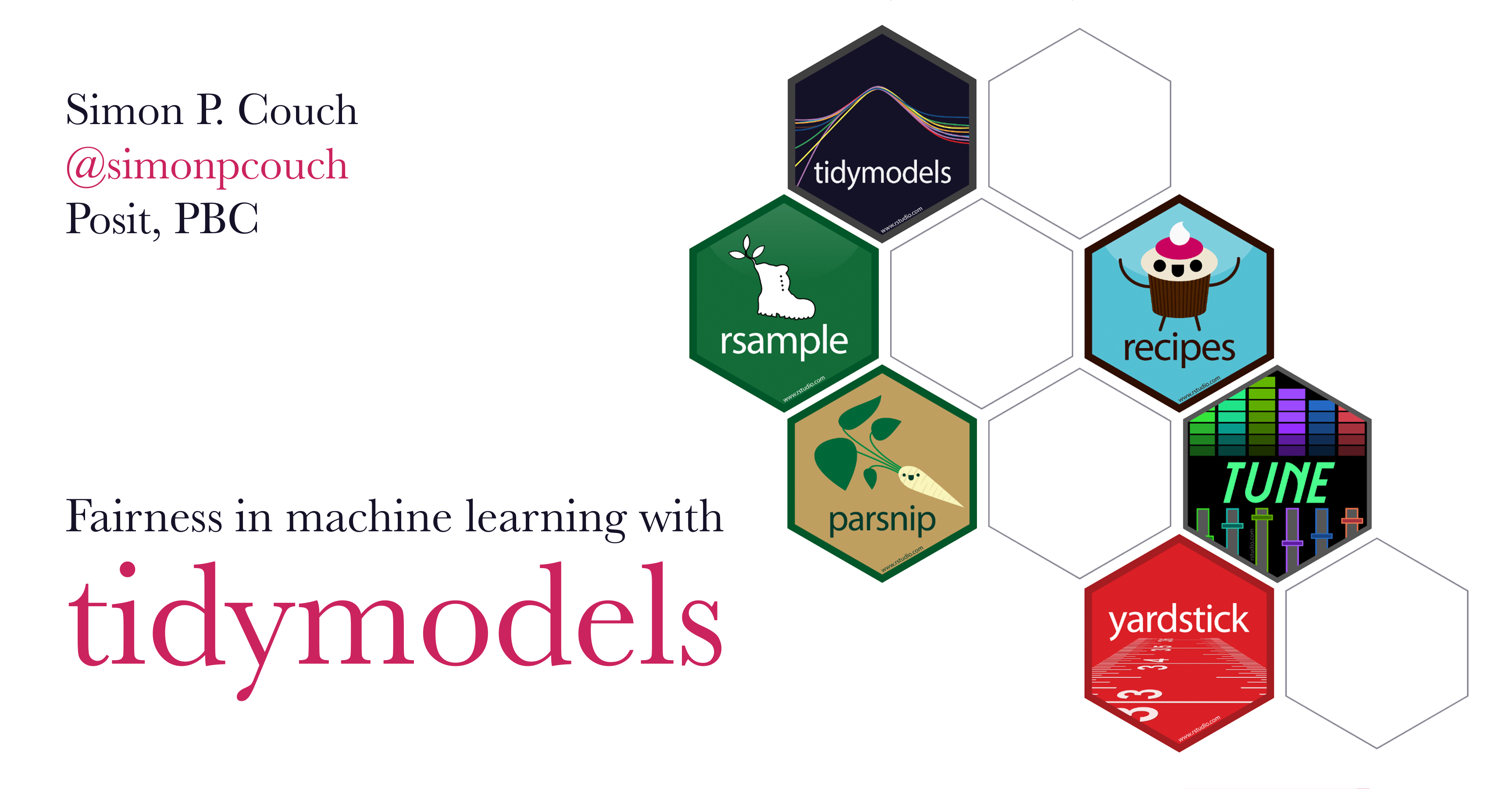 A poster displaying the talk title, "Fairness in machine learning," as well as my name and username. Beside the text is a set of six hexagonal logos, showing hex stickers for selected tidymodels packages.