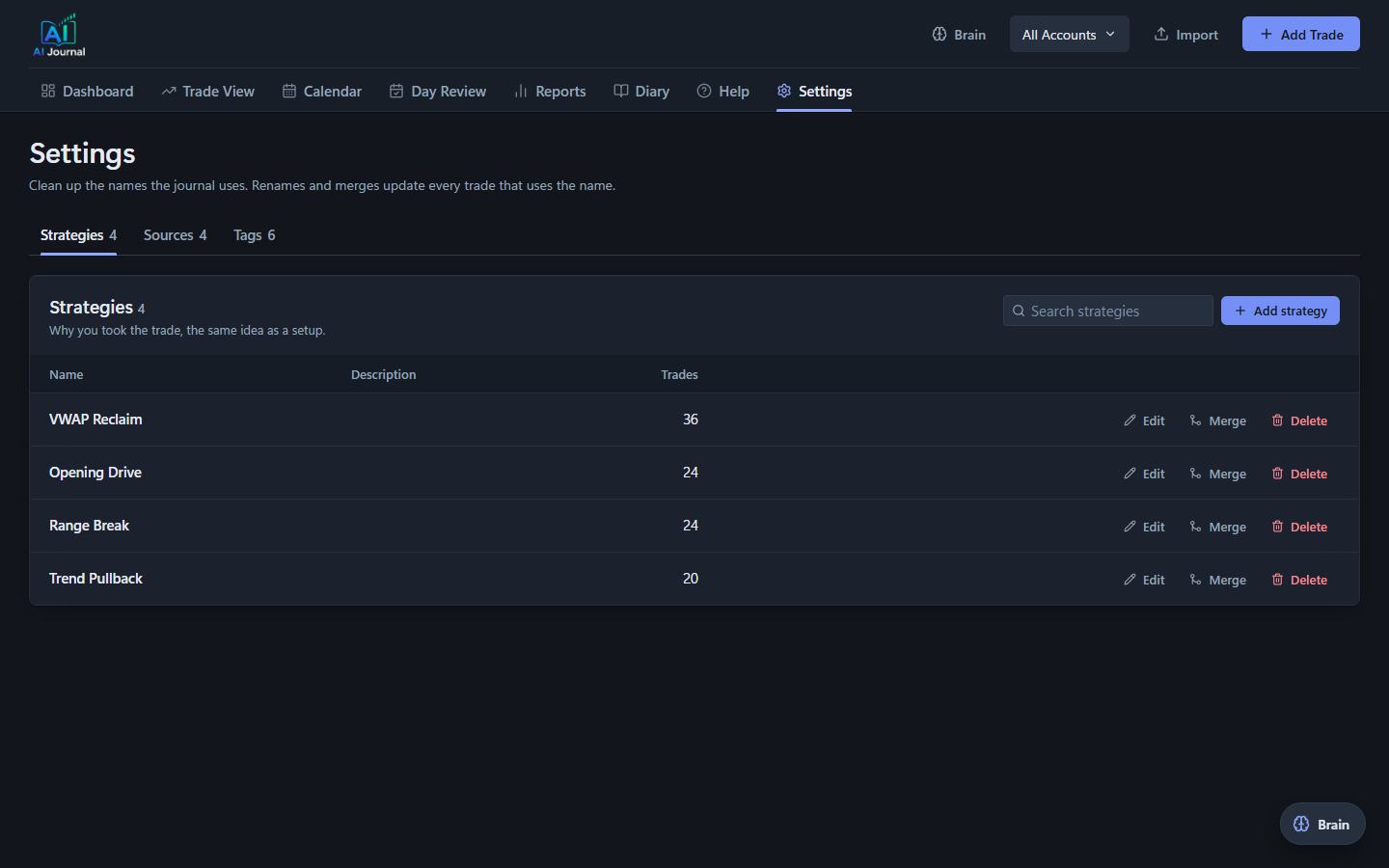 Settings: the strategy, source and tag library with rename, merge and delete