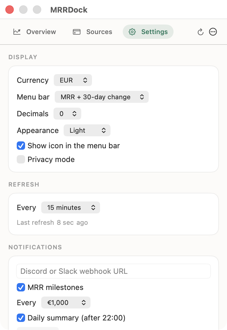 MRRDock settings: display currency, menu bar mode, refresh interval, Discord and Slack notifications