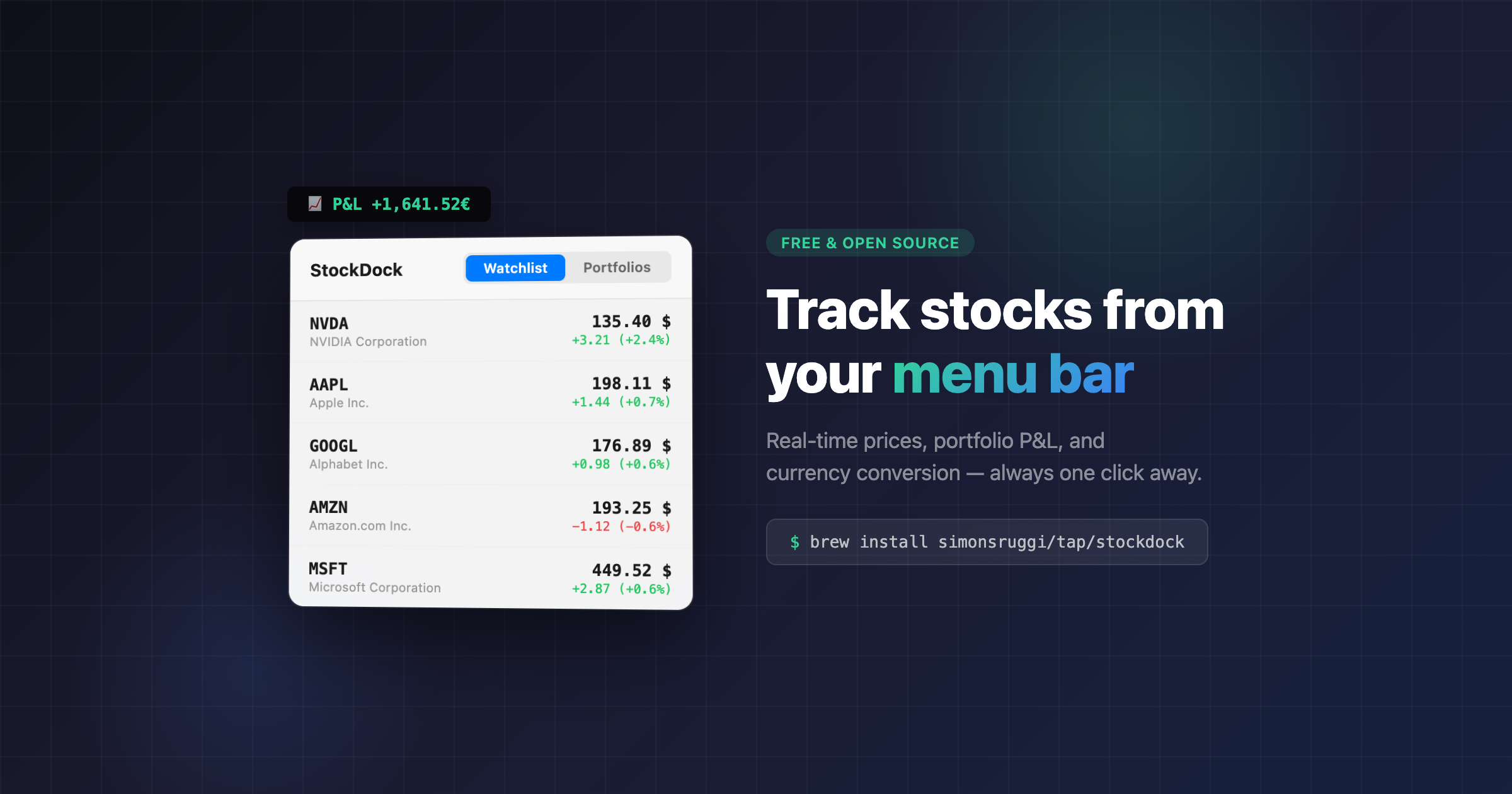 StockDock — track stocks from your macOS menu bar