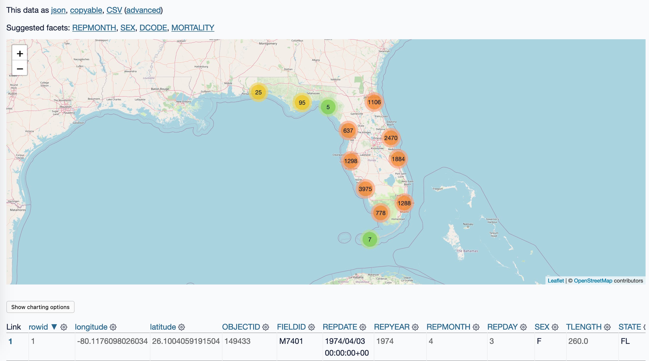 Screenshot of Datasette showing a map of manatee locations in Florida