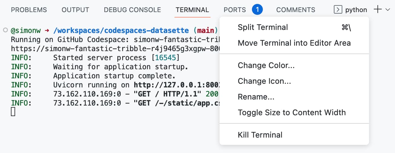 Clicking Python reviels a menu with several options - the top one is called Split Terminal