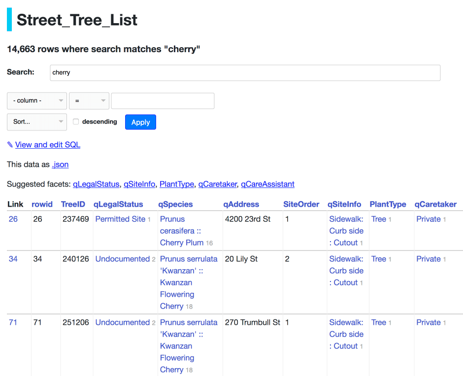 A search for cherry running against the Street_Tree_List table, returning 14,663 rows