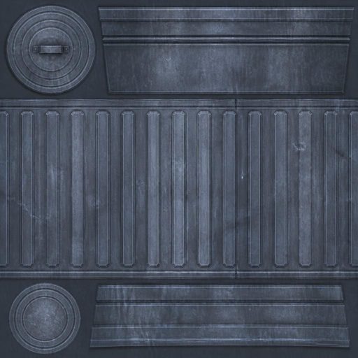 A game texture atlas of dark blue-grey riveted metal panels, showing a circular hatch with a handle in the top left, ribbed corrugated panels across the middle, a plain circular plate bottom left, and flat banded strips at top and bottom. No text visible.
