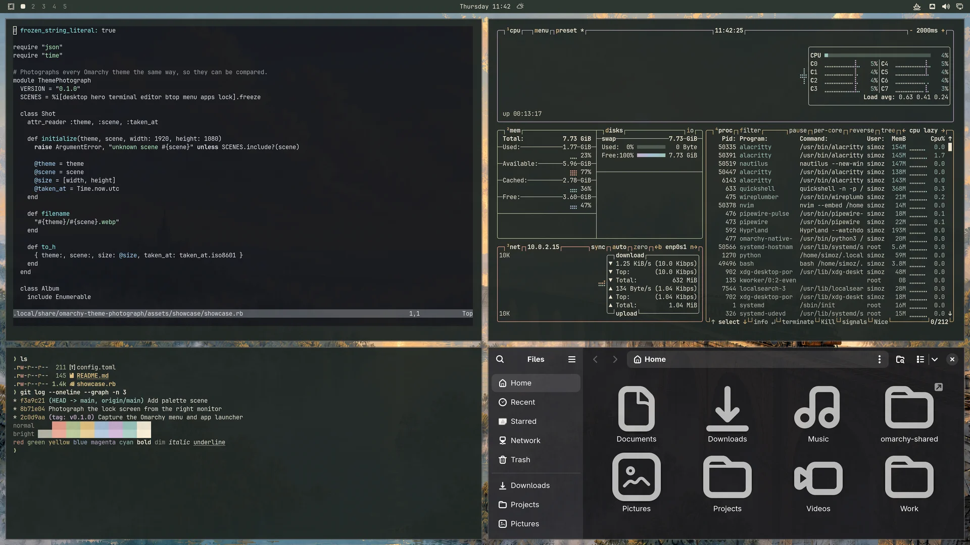 1800 theme on Omarchy with an editor, terminal, btop, and file manager
