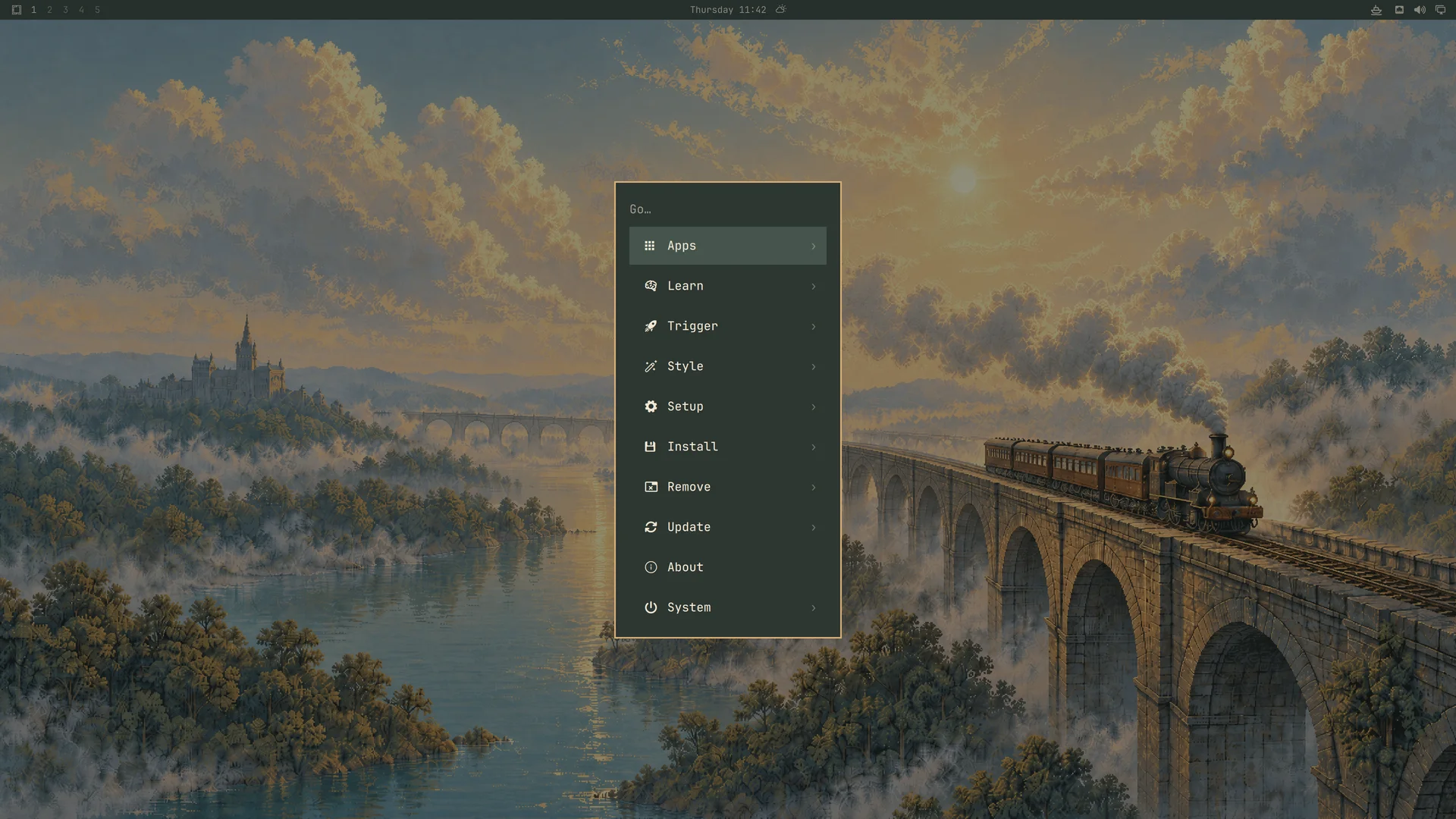 Omarchy menu with brass borders and dark green surfaces
