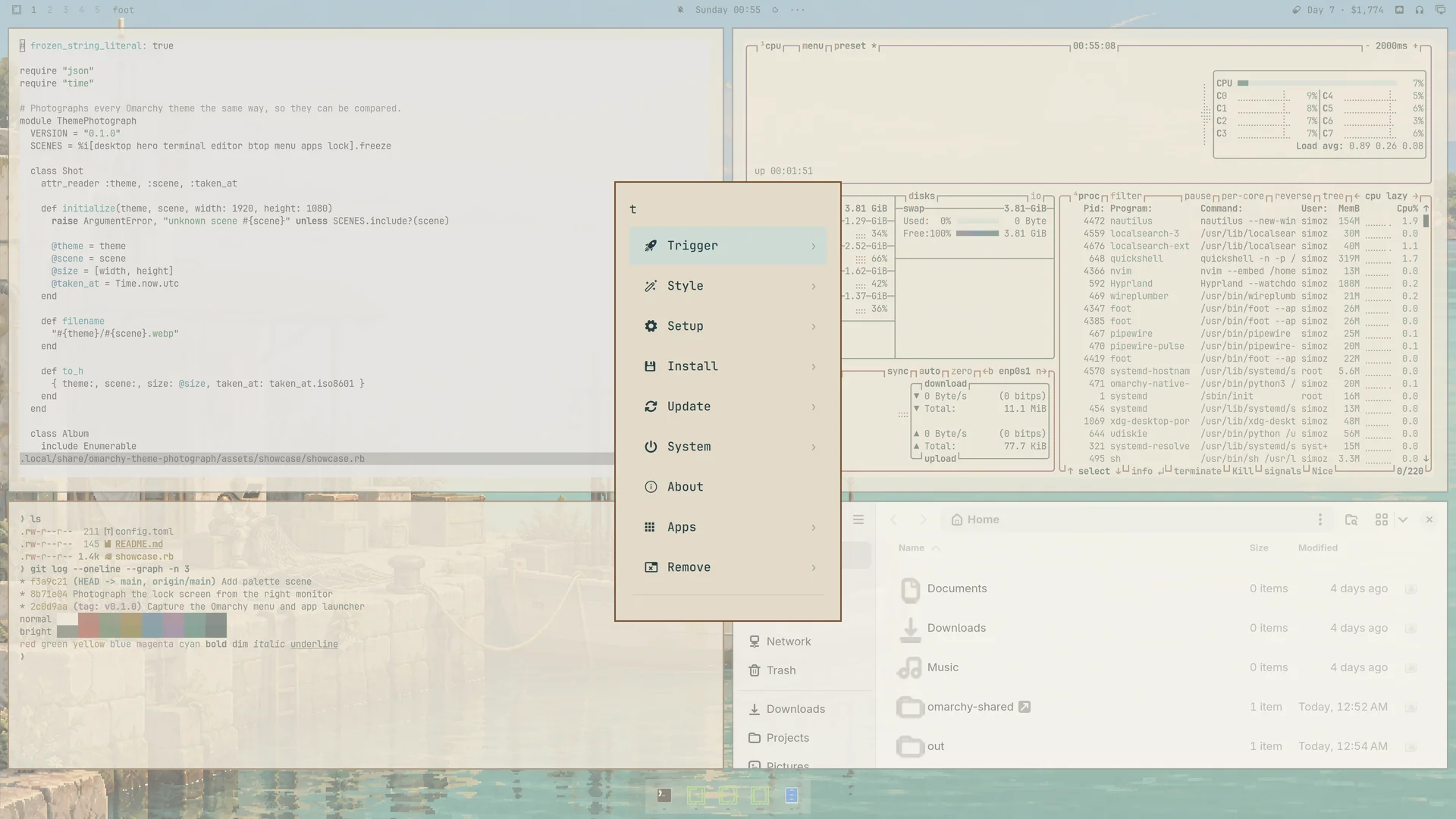 Haven theme on Omarchy with an editor, terminal, btop, file manager and menu