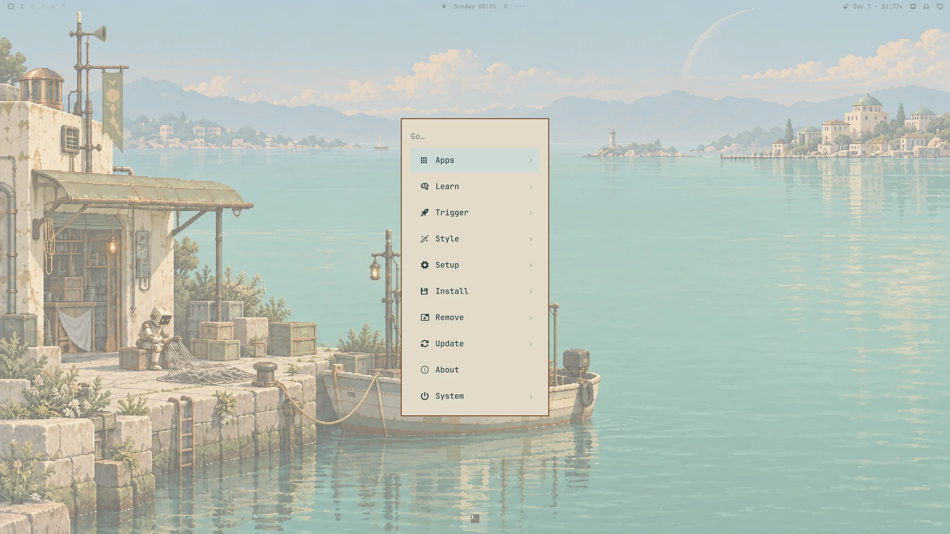 Omarchy menu with copper borders and ivory surfaces