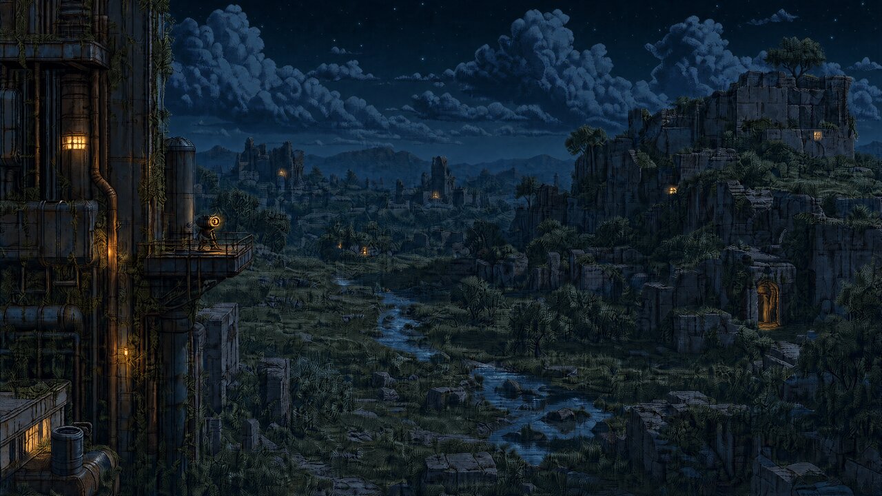 Overgrown ruins — Night