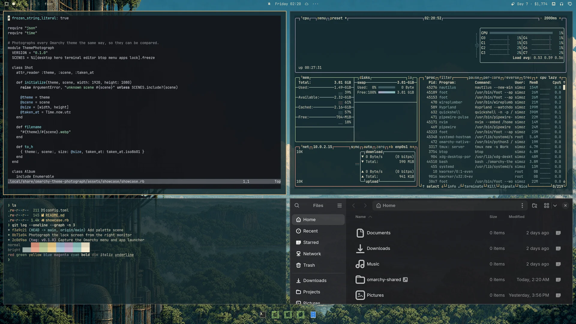Outpost theme on Omarchy with an editor, terminal, btop, and file manager
