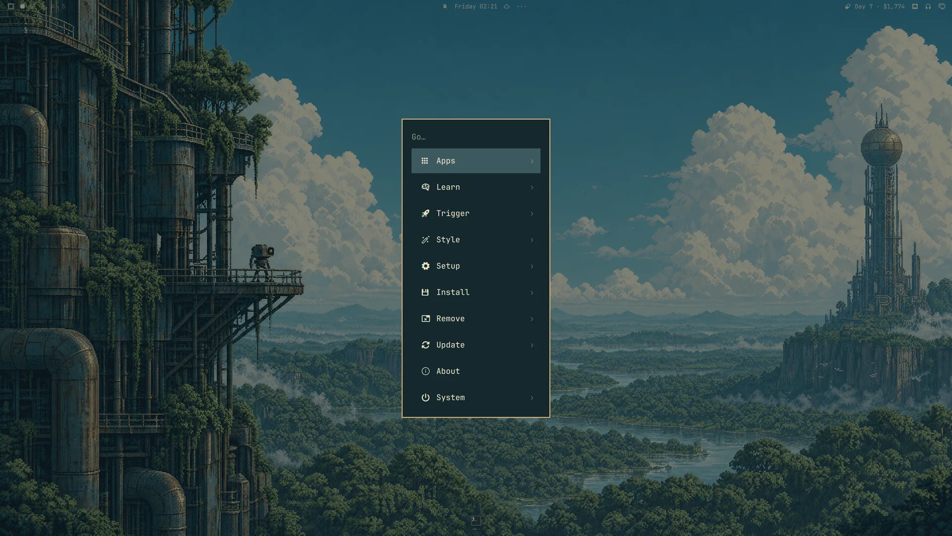 Omarchy menu with bronze borders and petroleum surfaces