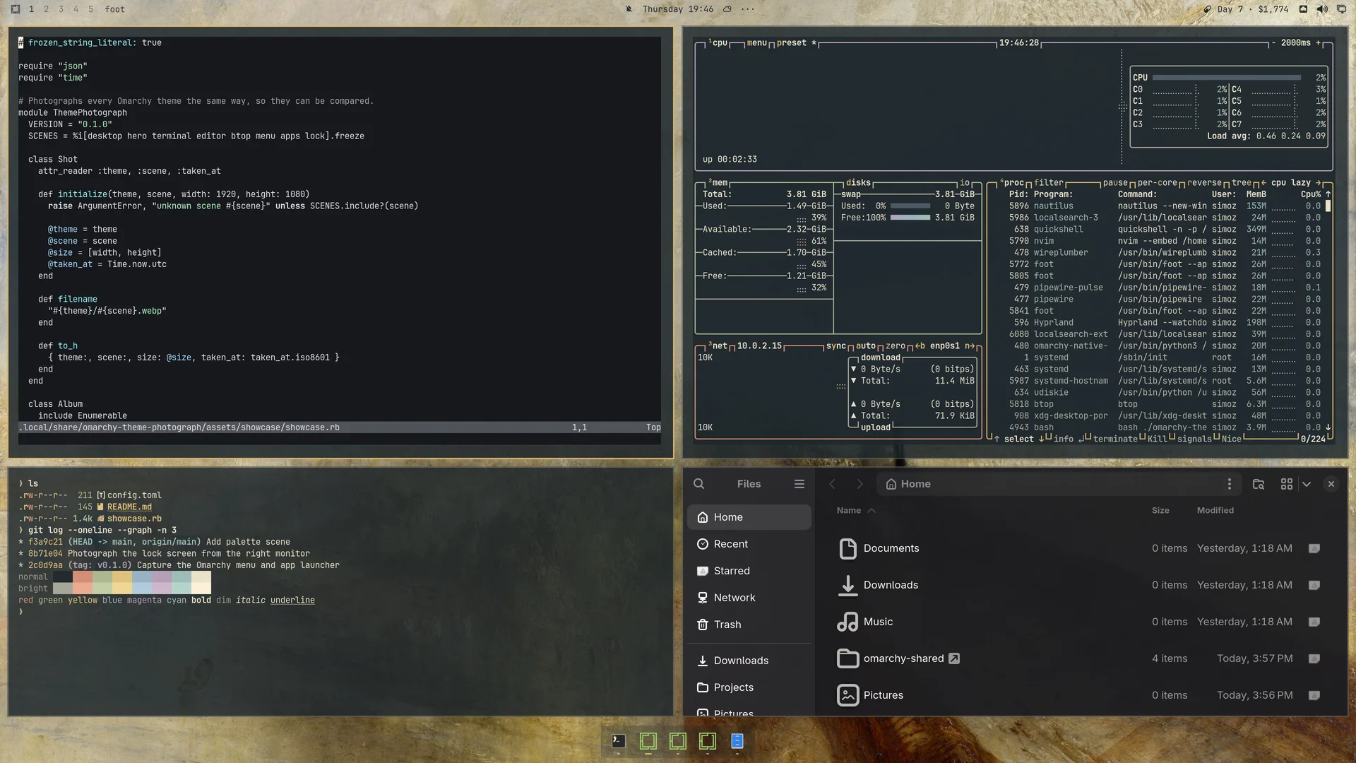 Turner theme on Omarchy with an editor, terminal, btop, and file manager