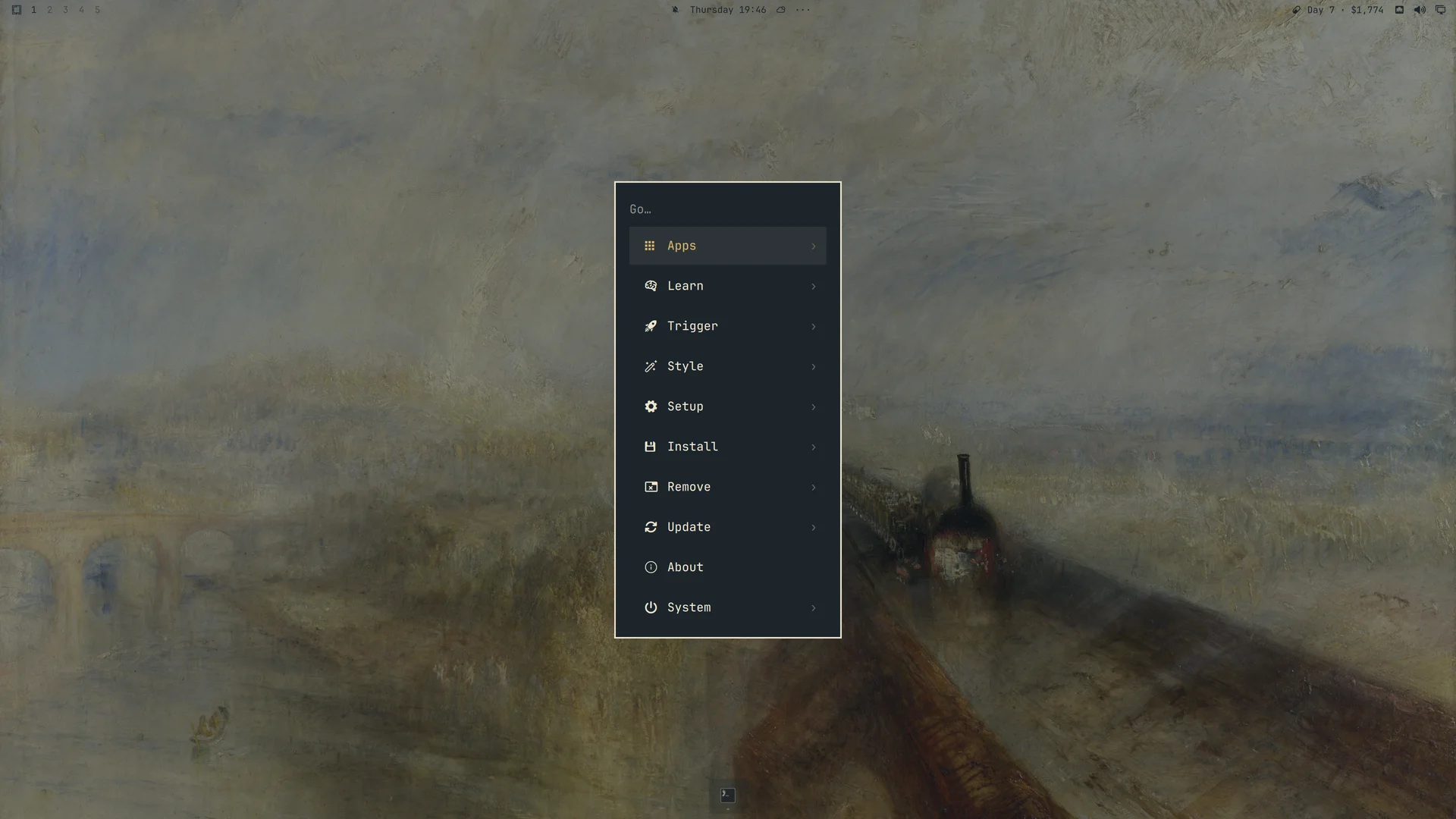 Omarchy menu with gold accents and smoky blue surfaces