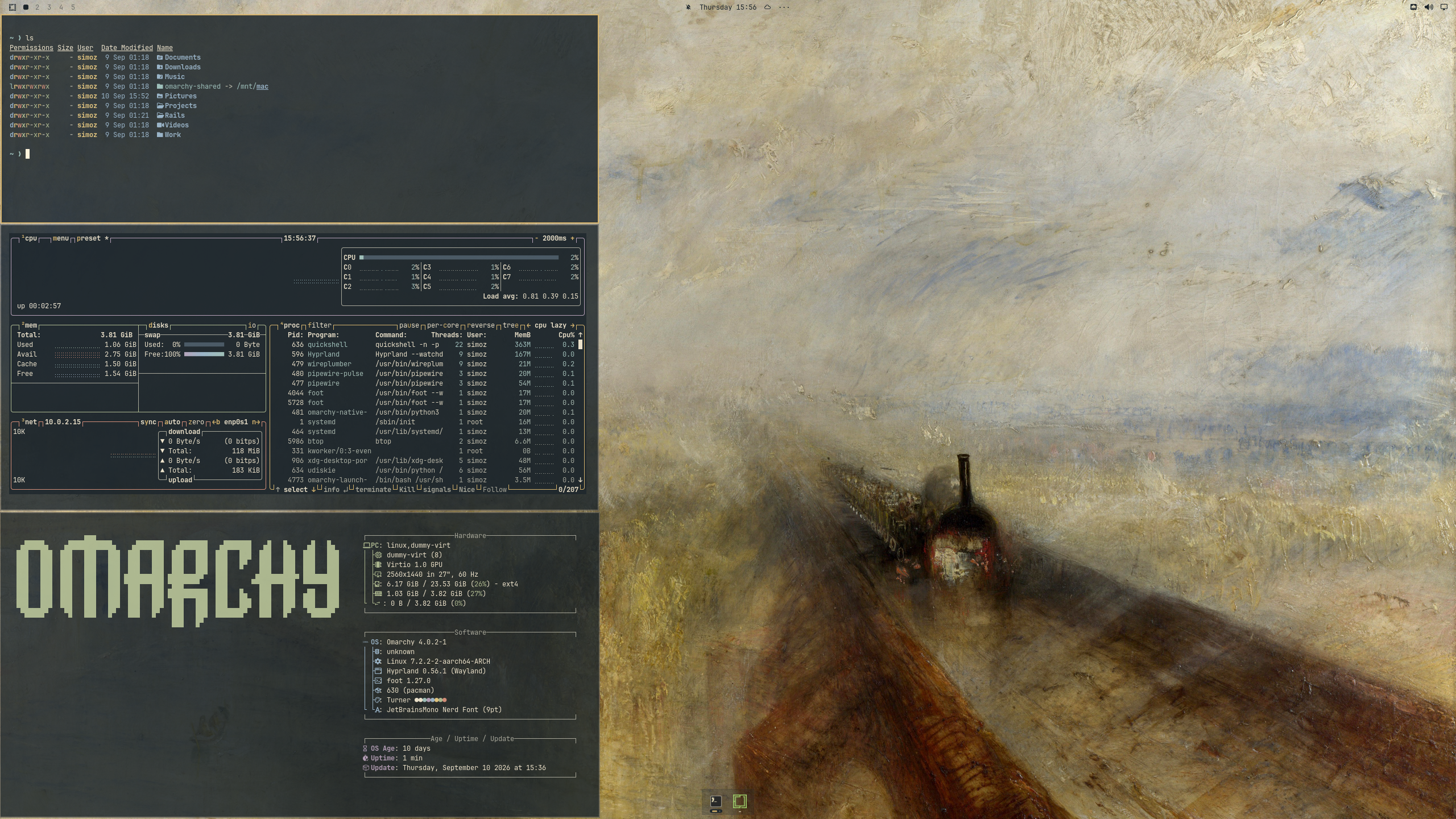 Turner theme on Omarchy with a terminal, btop, and Rain, Steam and Speed