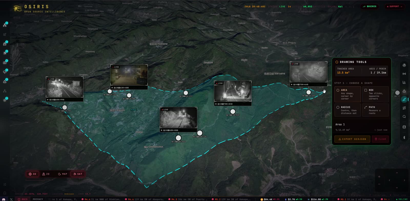 A drawn area over mountain terrain in OSIRIS, with the live cameras inside it and the Drawing Tools panel showing the saved area