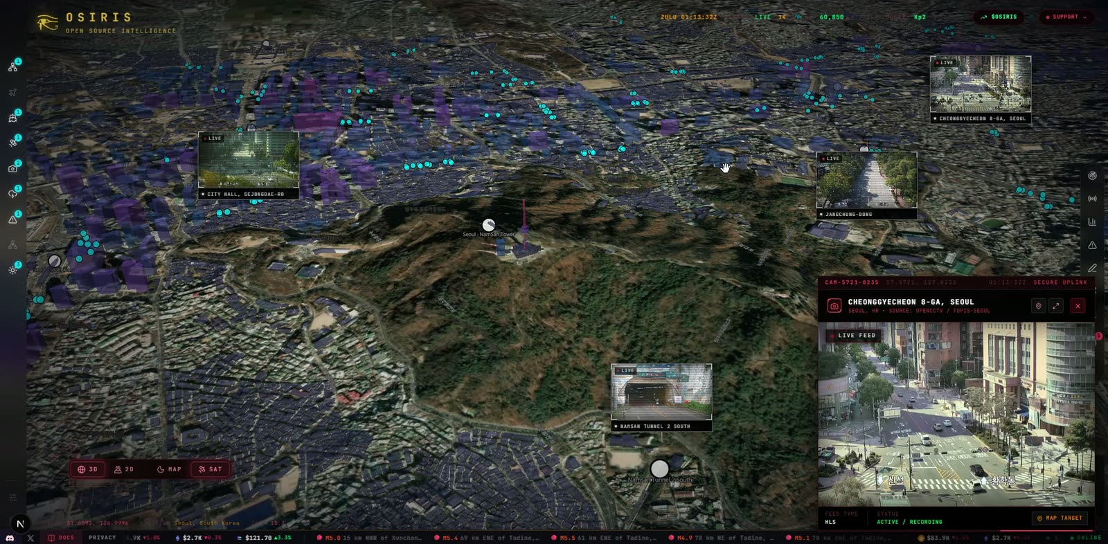 OSIRIS over Seoul in 3D terrain around Namsan Tower, with live CCTV previews and the Cheonggyecheon feed open