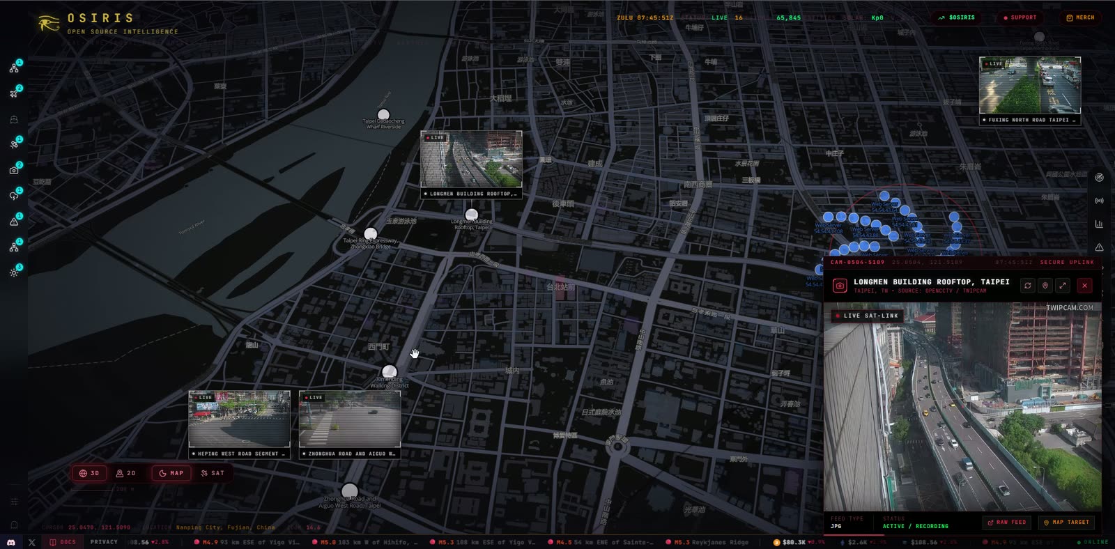 OSIRIS over Taipei on the Night map, with live traffic-camera previews pinned across the city and the Longmen Building rooftop feed open