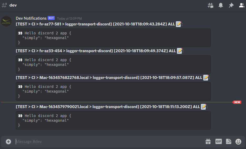 image depicting four automated messages sent by simplyhexagonal/logger and received by discord