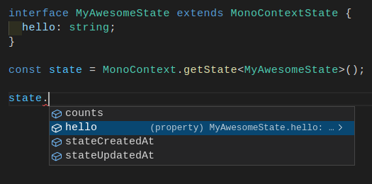 Image depicting VSCode intellisense displaying the "hello" property as part of the retreived state