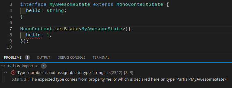 Image depicting VSCode catching a type error when storing a number on the state's "hello" string property