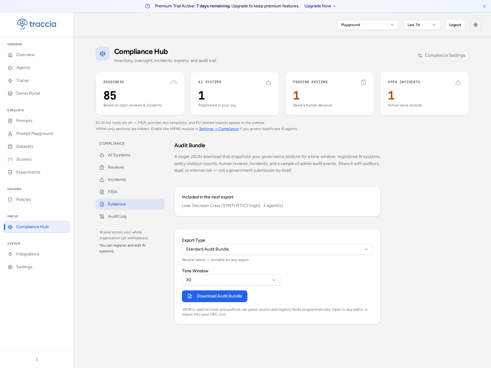 Traccia 稽核包匯出畫面：Loan Decision Crew SYNTHETIC 的 Standard Audit Bundle（High、3 個 Agent），有 Download Audit Bundle 按鈕，並註明它會快照已註冊系統、政策違規、人為審查、incident 與稽核事件