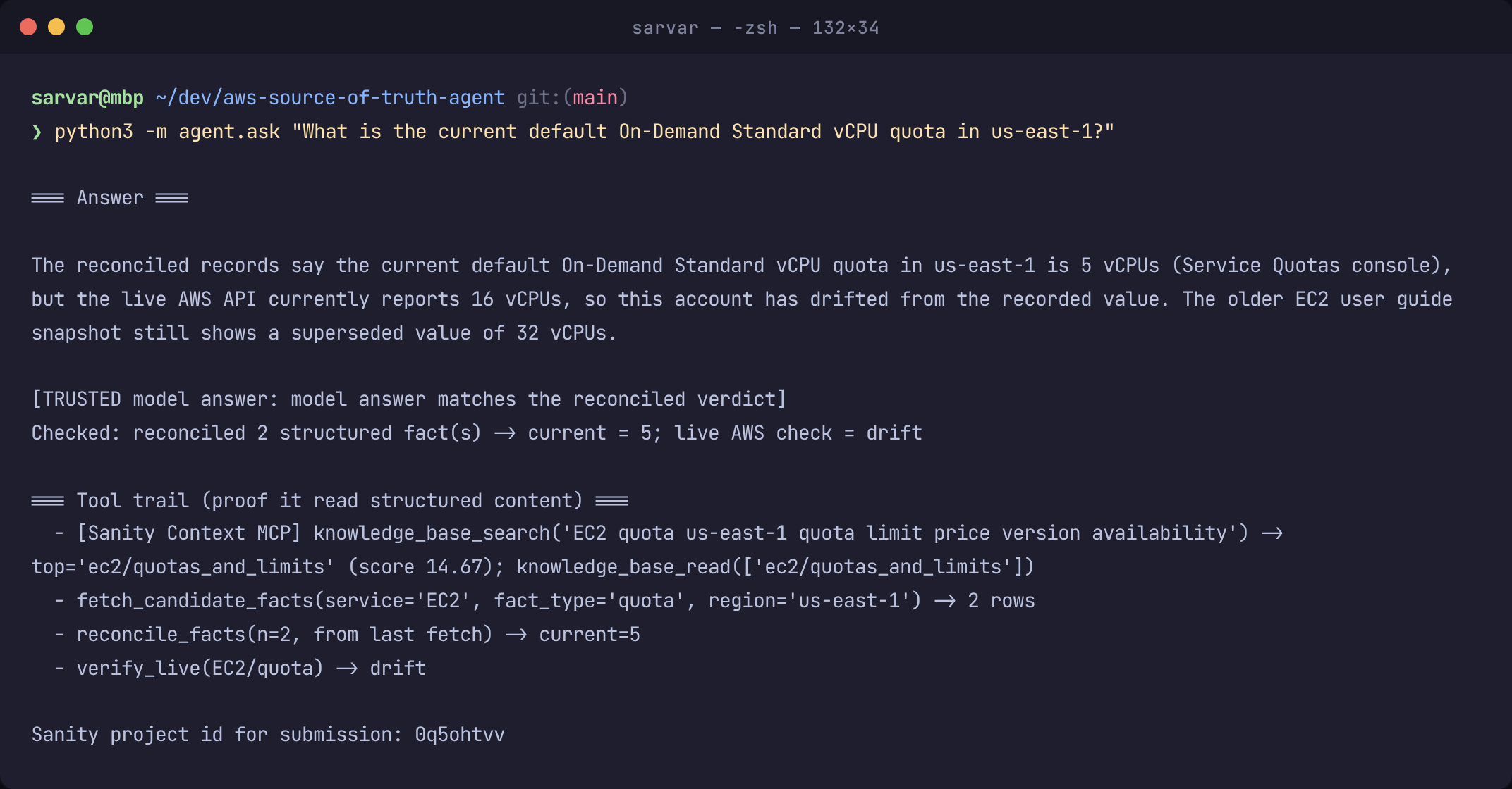 The agent's cited EC2 answer with the live-drift line and tool trail