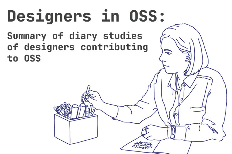Cover image for Designers in OSS: Summary of diary studies of designers contributing to OSS illustration of a person with their back to the camera with a laptop and book open in front of them