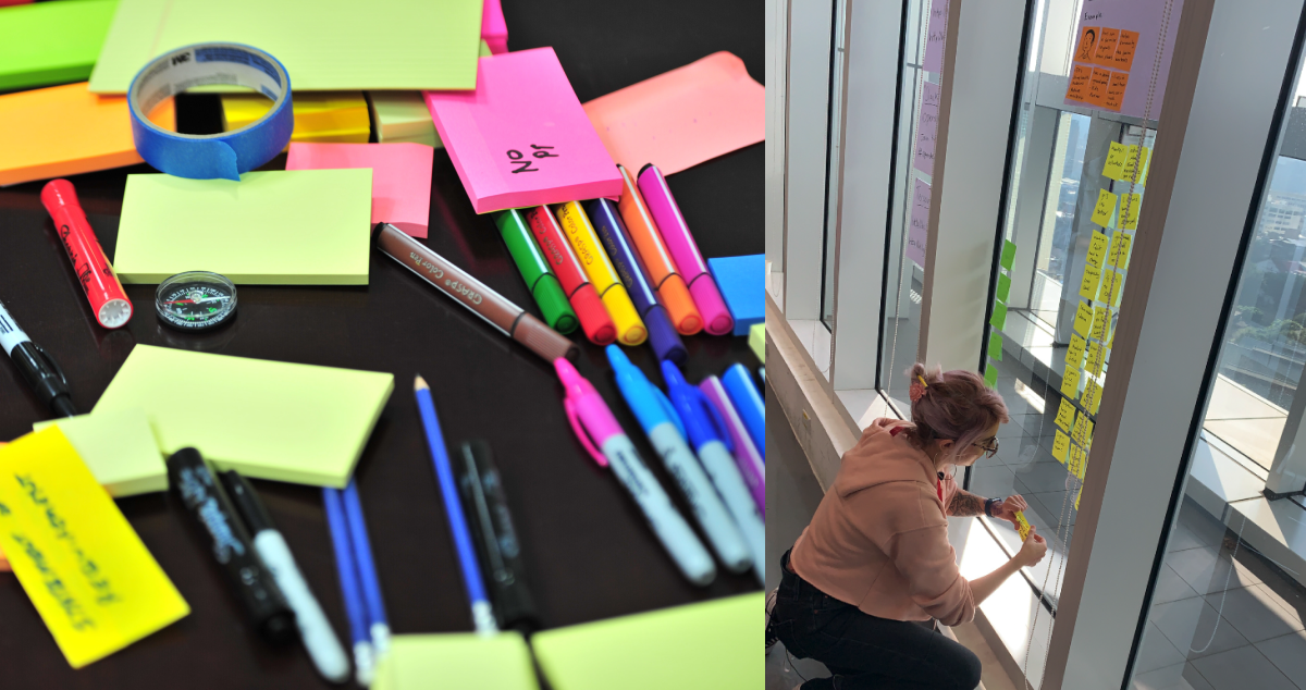 The image on the left is of a pile of blank sticky notes and pens of various colours along with tape. The image on the right is a design-researcher adding a sticky note with writing to a large window. The window serves as the ‘blank whiteboard’ and already has many columns of sticky notes.