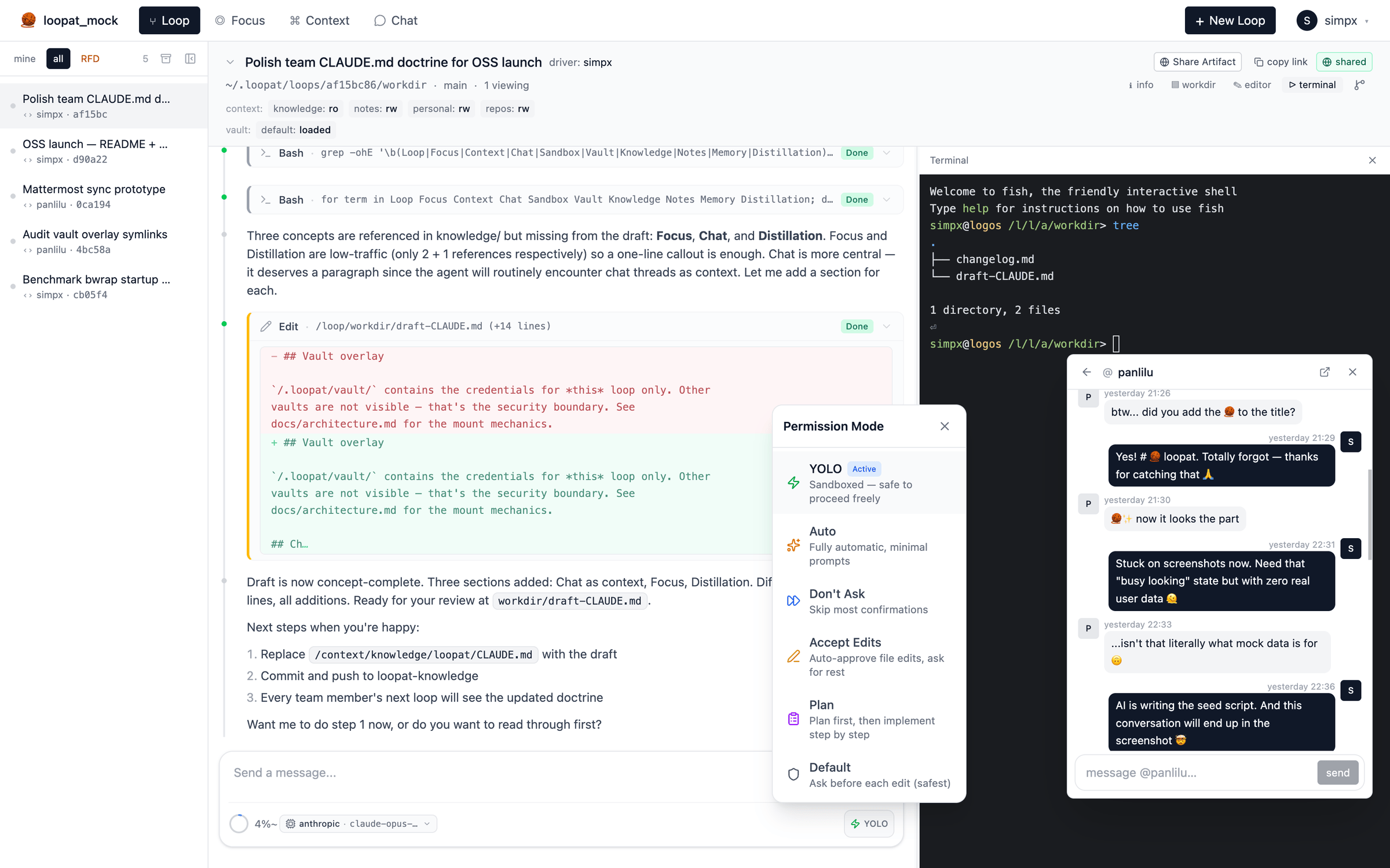loopat — Loop view with chat, workdir, terminal, and team DM