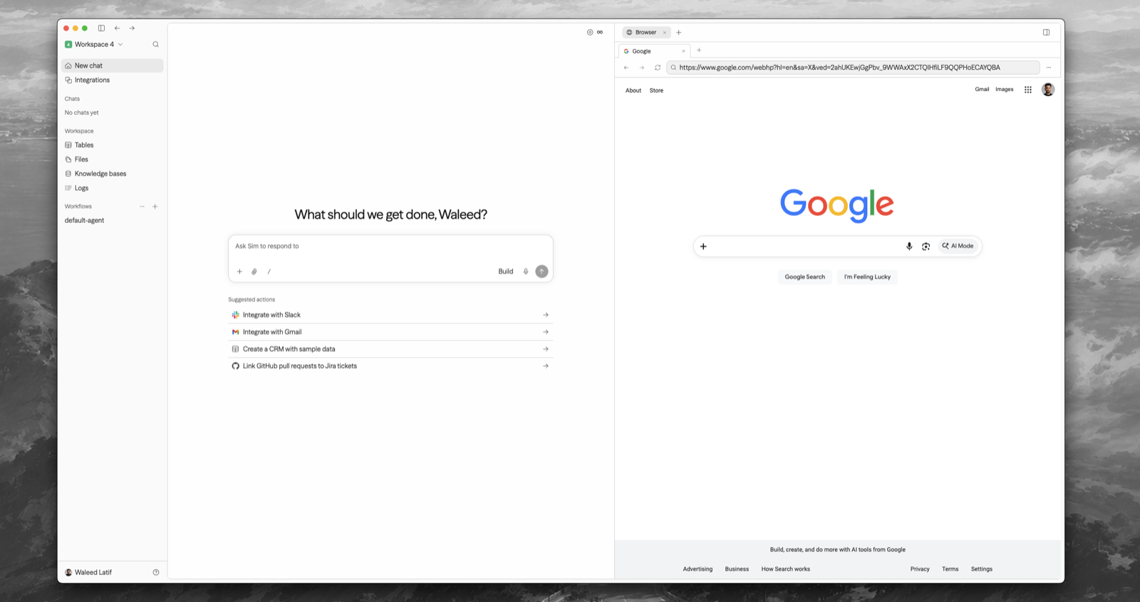 Sim Desktop — Chat on the left, the built-in browser on the right