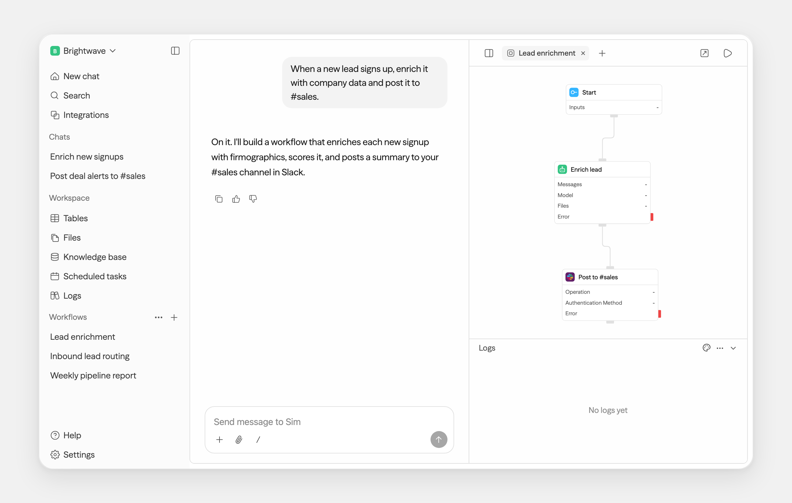 The Sim platform — chat on the left, the visual workflow builder on the right