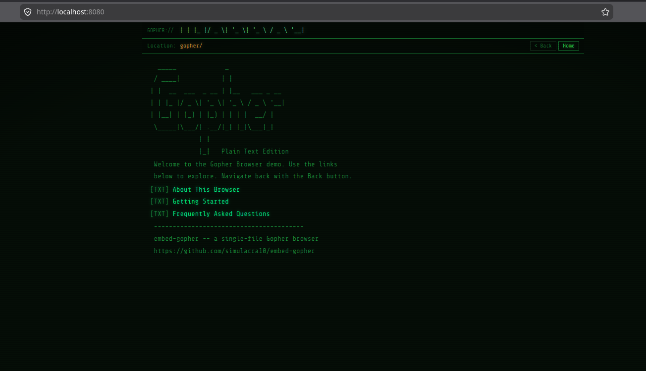 embed-gopher terminal browser showing a Gopher content listing