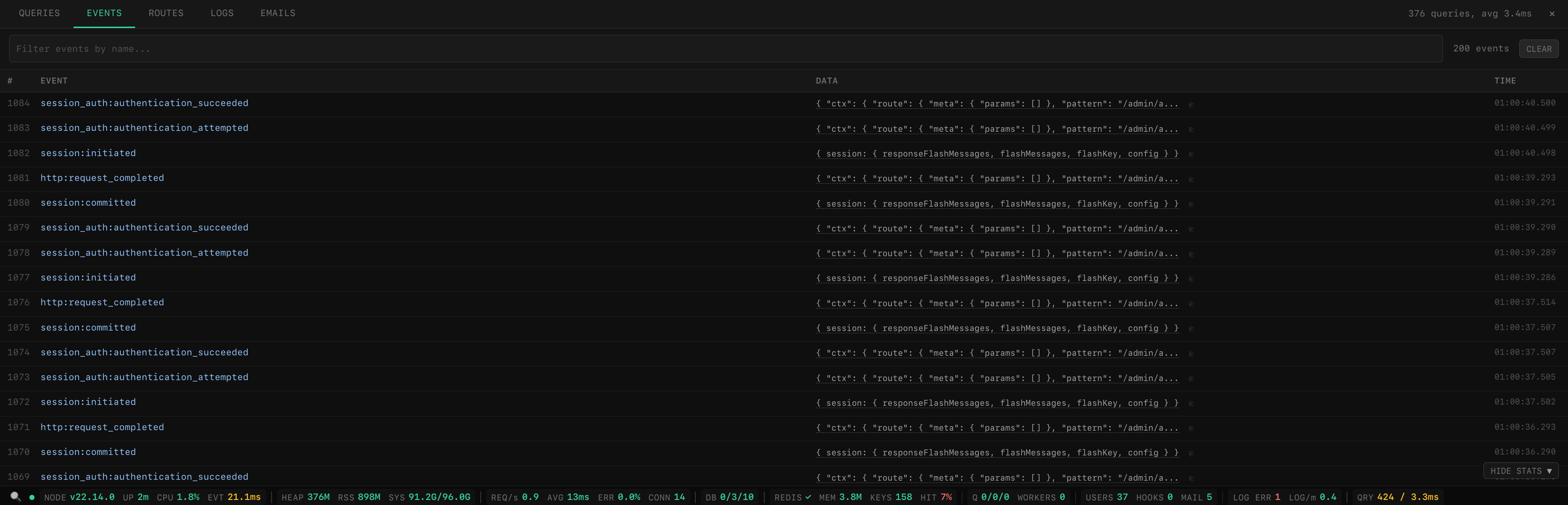 Events panel showing application events with payload data