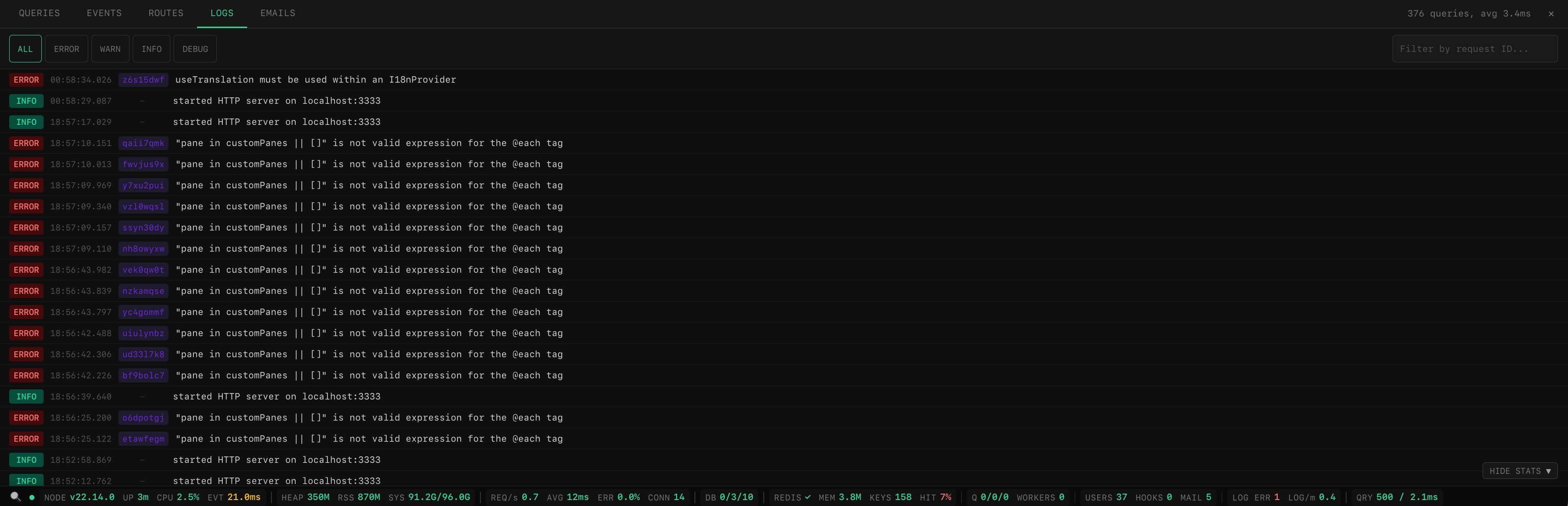 Logs panel with level filtering and request ID correlation