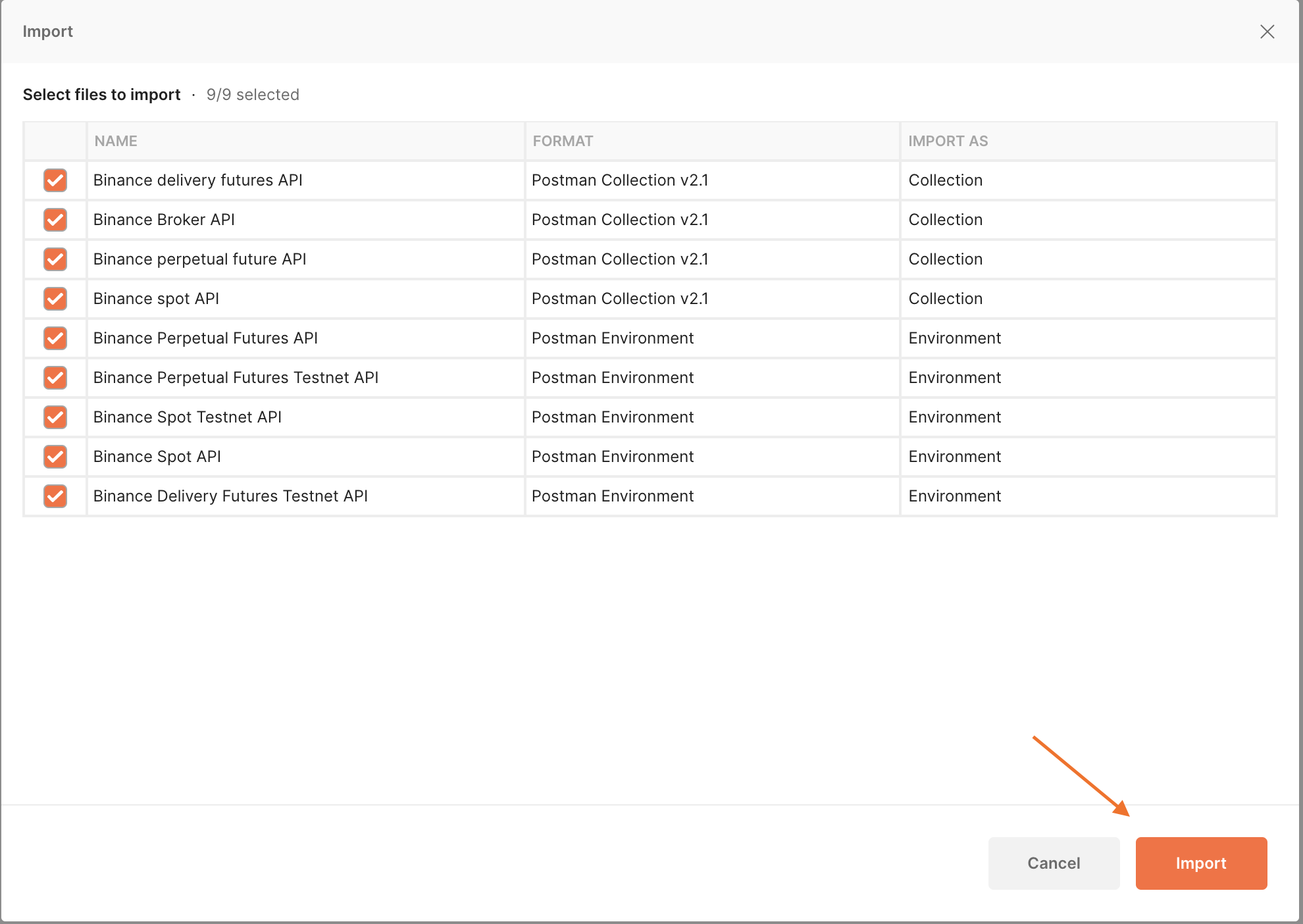 Screenshot of of Postman for Mac, showing the Import screen after selecting the folder.