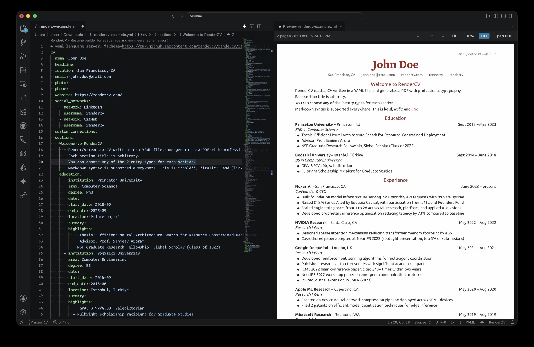 RenderCV Preview showing a YAML resume on the left and the rendered pages on the right