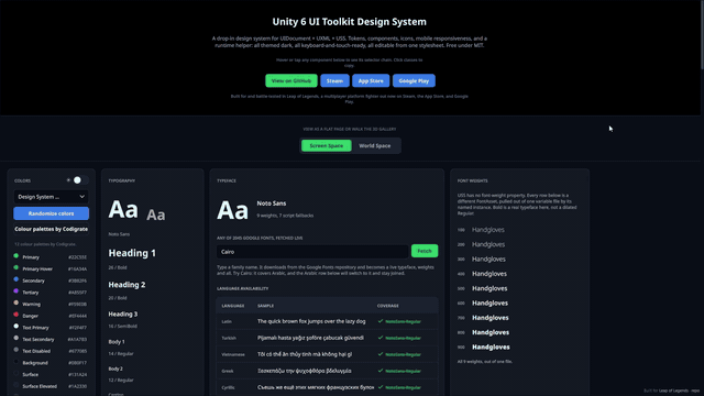 UI Toolkit Design System — interactive web showcase. Hover or tap to inspect, toggle day/night, click classes to copy.