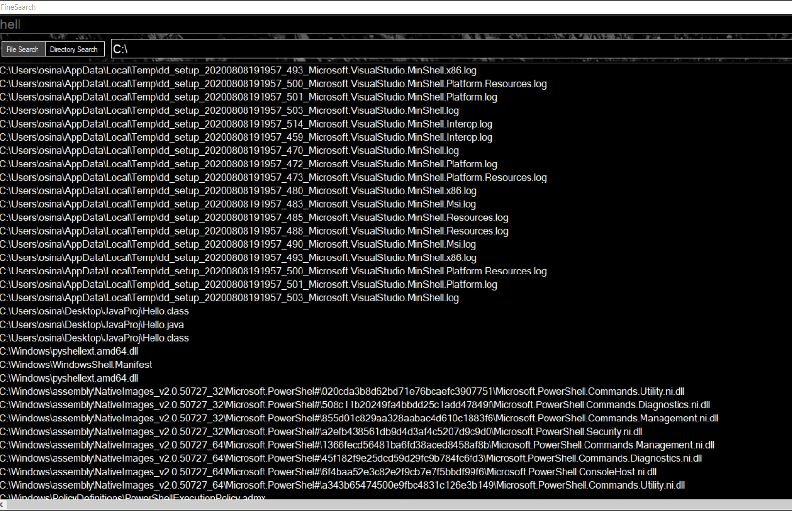 Screenshot of FineSearch, (an application for searching a drive for a particular file or folder) in action