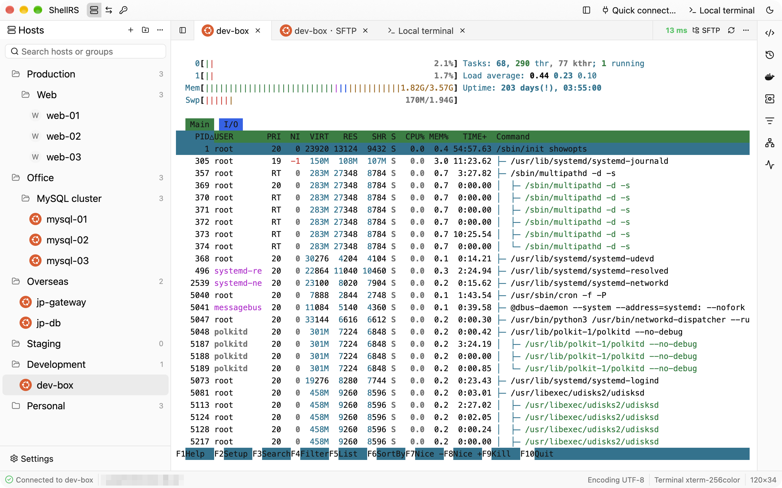 ShellRS main window: a grouped host tree on the left, htop running in a remote terminal on the right, connection latency in the tab bar