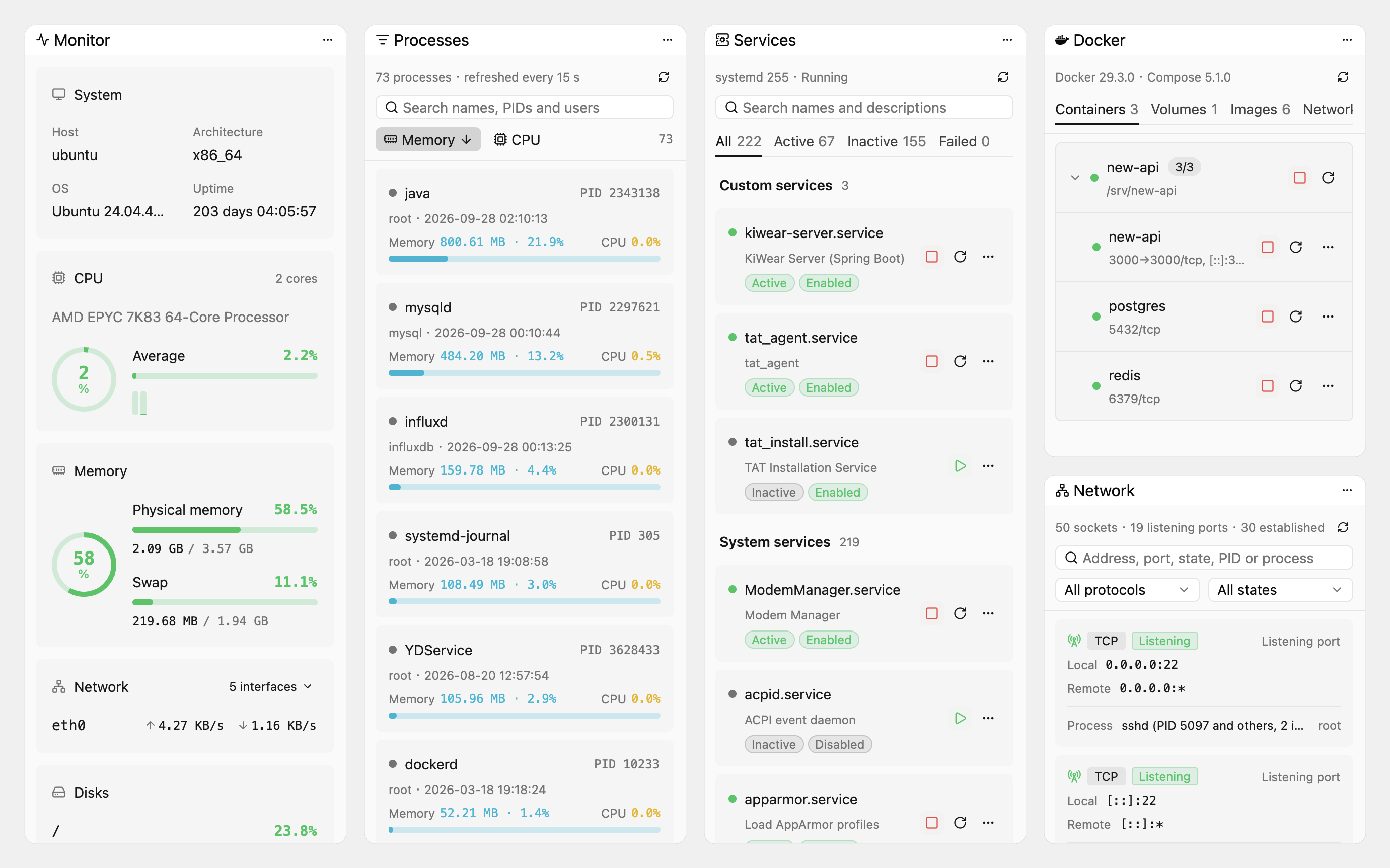 Five right sidebar tools side by side: Monitor, Processes, Services, Docker and Network